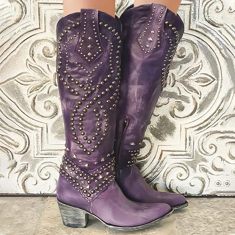 Monroe Purple Studded Western Knee High Cowgirl Boots by Selouva