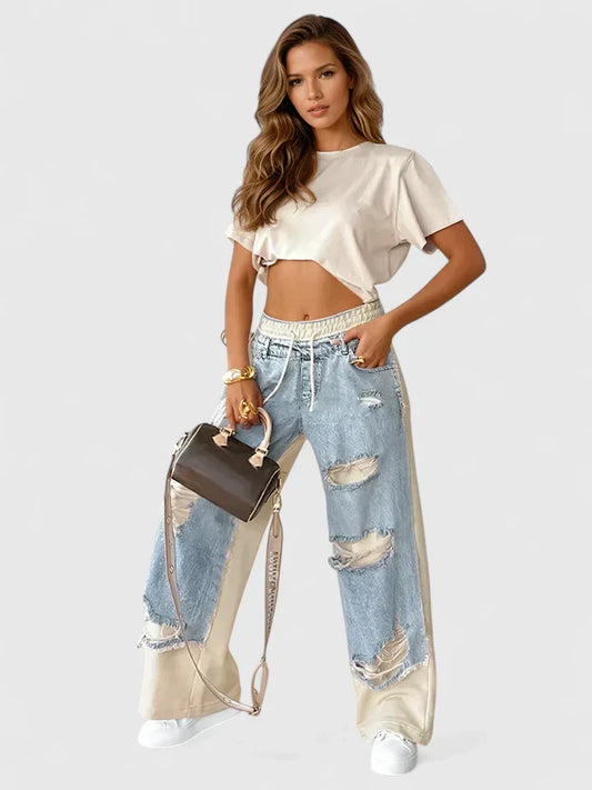 Olyverrah Loose Fit Sweatpants With Beige Panel Detailing by Selouva