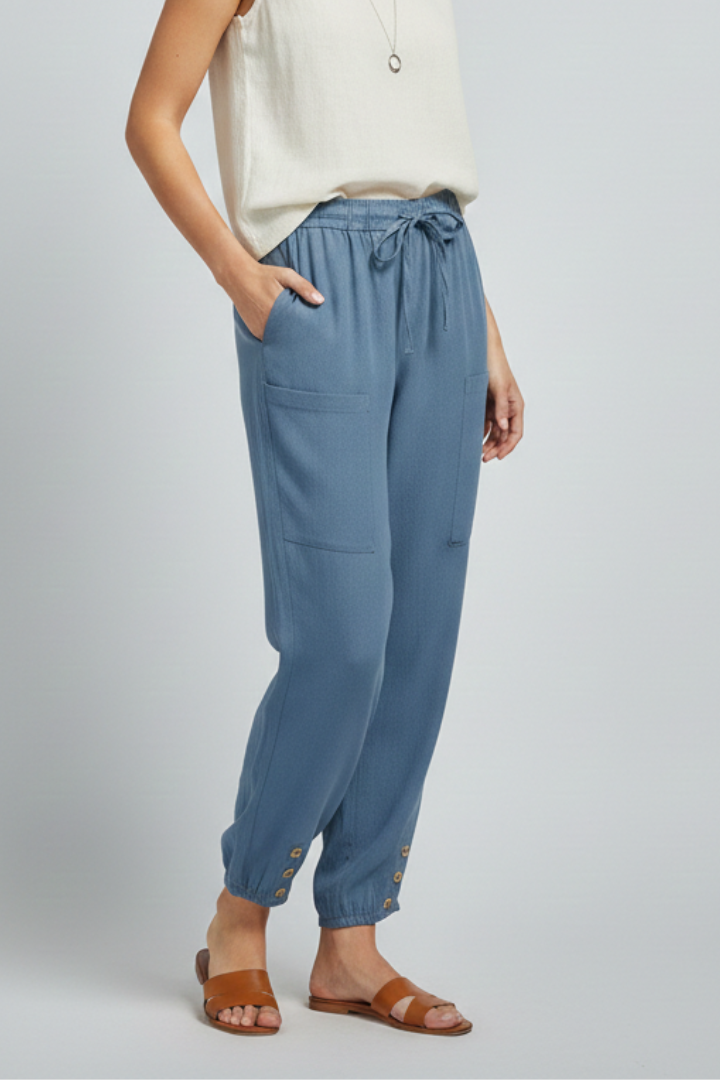 Anna Womens Drawstring Waist Trousers With Button Hem Casual Summer Style by Selouva