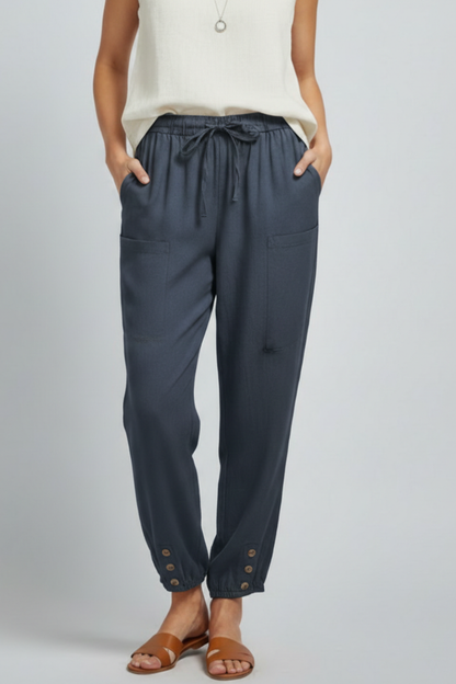 Anna Womens Drawstring Waist Trousers With Button Hem Casual Summer Style by Selouva