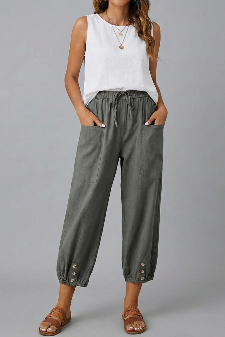 Anna Womens Drawstring Waist Trousers With Button Hem Casual Summer Style by Selouva