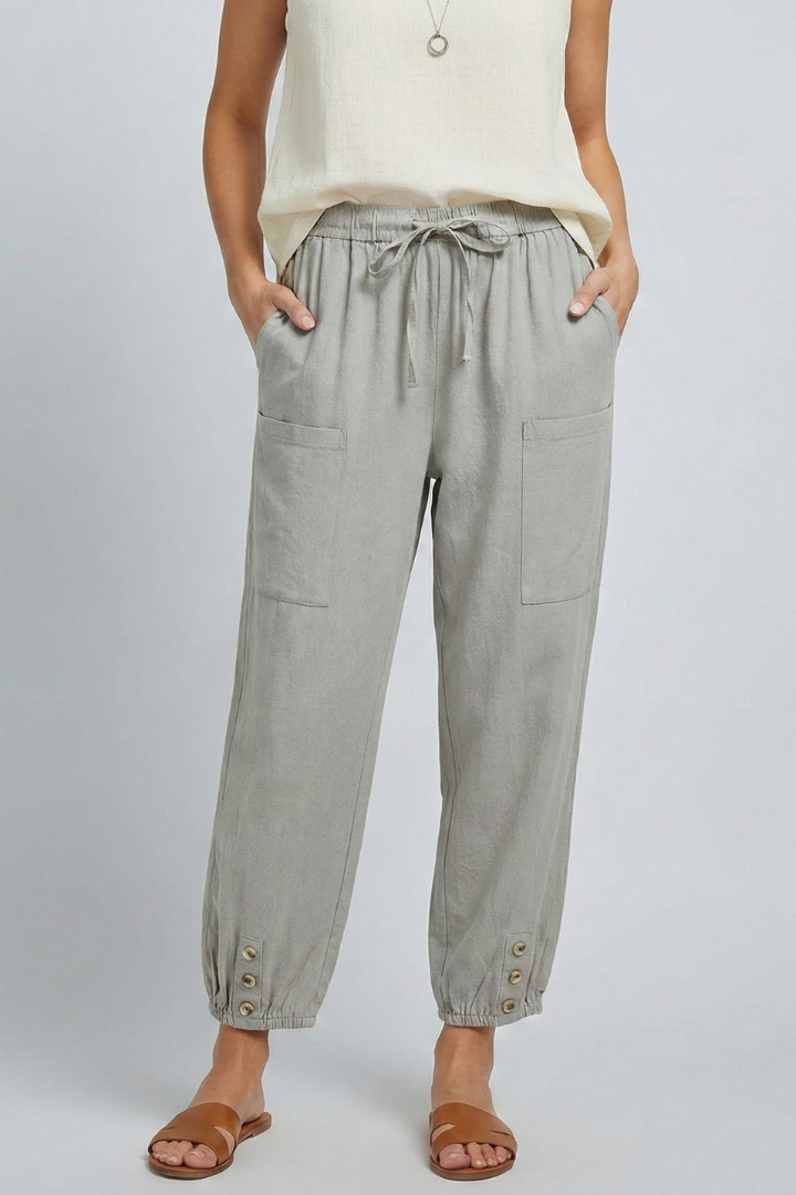 Anna Womens Drawstring Waist Trousers With Button Hem Casual Summer Style by Selouva