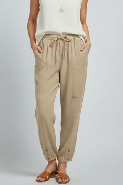 Anna Womens Drawstring Waist Trousers With Button Hem Casual Summer Style by Selouva