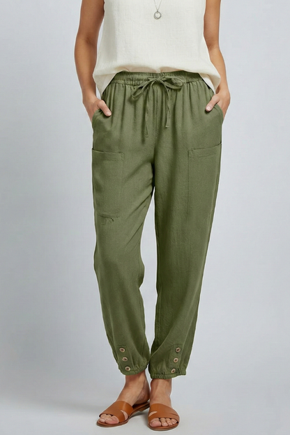 Anna Womens Drawstring Waist Trousers With Button Hem Casual Summer Style by Selouva
