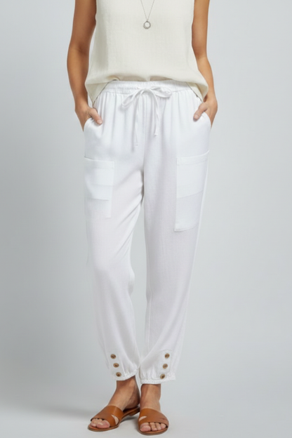 Anna Womens Drawstring Waist Trousers With Button Hem Casual Summer Style by Selouva