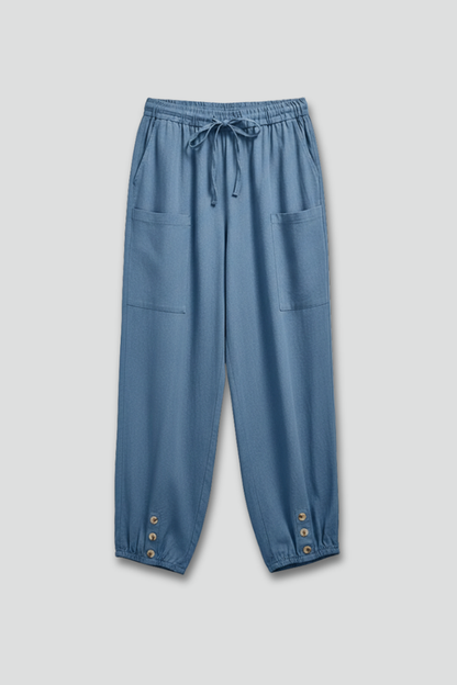 Anna Womens Drawstring Waist Trousers With Button Hem Casual Summer Style by Selouva
