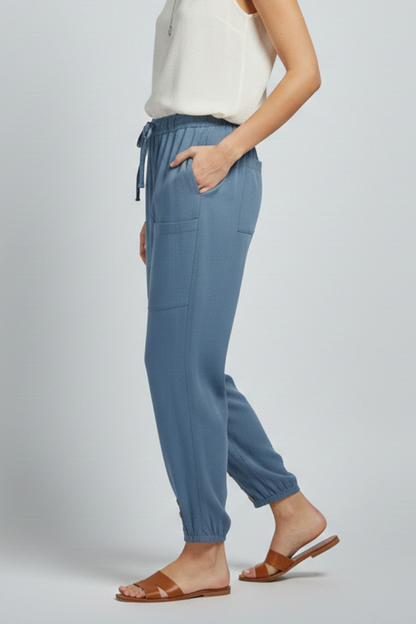 Anna Womens Drawstring Waist Trousers With Button Hem Casual Summer Style by Selouva