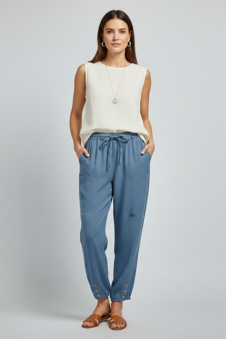 Anna Womens Drawstring Waist Trousers With Button Hem Casual Summer Style by Selouva