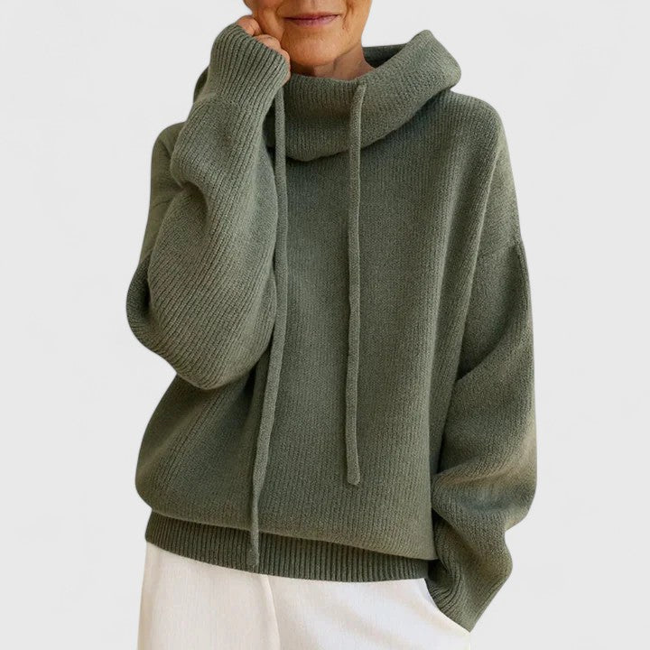 Tin Olive Green Relaxed Fit Drawstring Turtleneck Sweater by Selouva