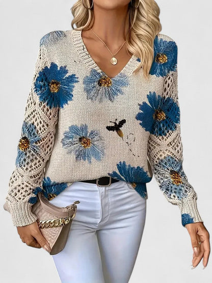 Women's V-Neck Floral Knit Cardigan by Selouva