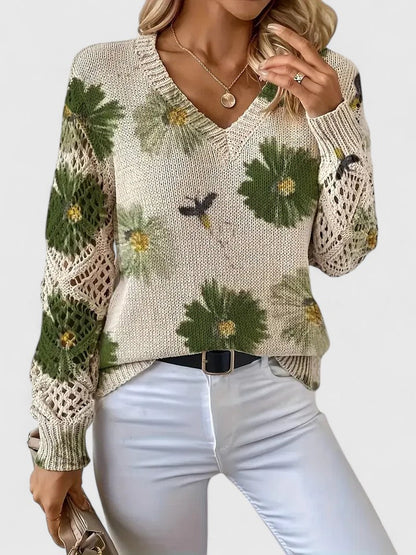 Women's V-Neck Floral Knit Cardigan by Selouva
