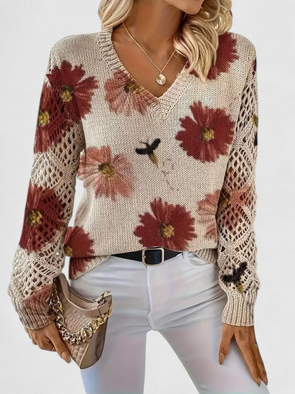 Women's V-Neck Floral Knit Cardigan by Selouva