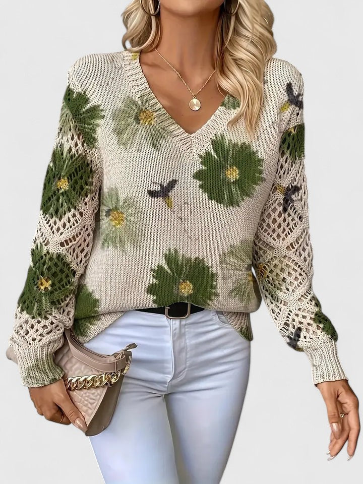 Women's V-Neck Floral Knit Cardigan by Selouva