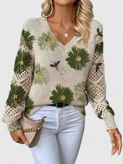 Women's V-Neck Floral Knit Cardigan by Selouva
