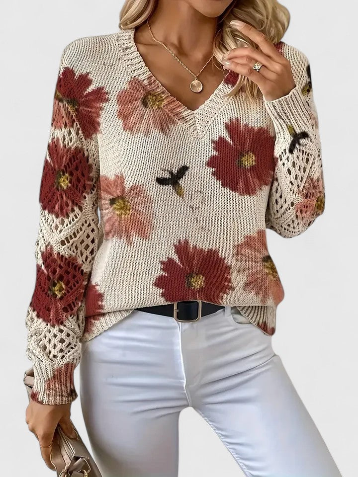 Women's V-Neck Floral Knit Cardigan by Selouva