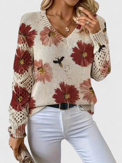Women's V-Neck Floral Knit Cardigan by Selouva