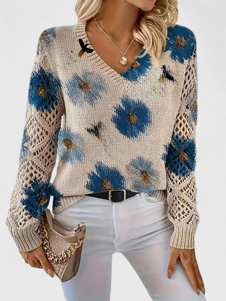 Women's V-Neck Floral Knit Cardigan by Selouva