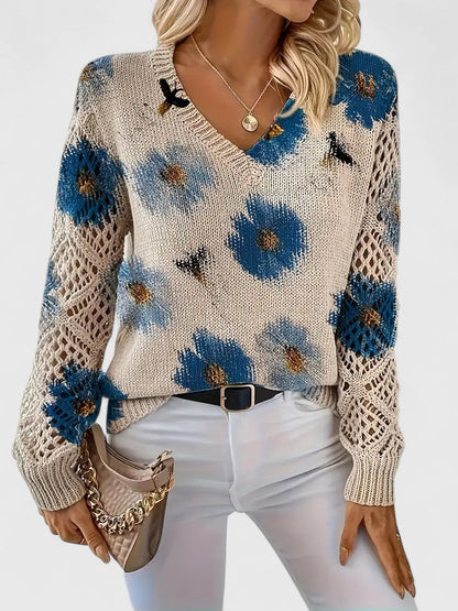 Women's V-Neck Floral Knit Cardigan by Selouva