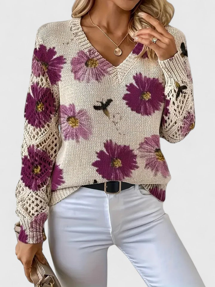 Women's V-Neck Floral Knit Cardigan by Selouva