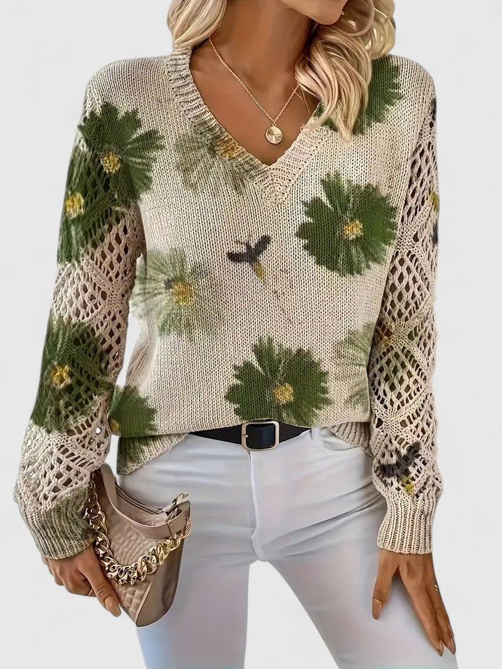 Women's V-Neck Floral Knit Cardigan by Selouva