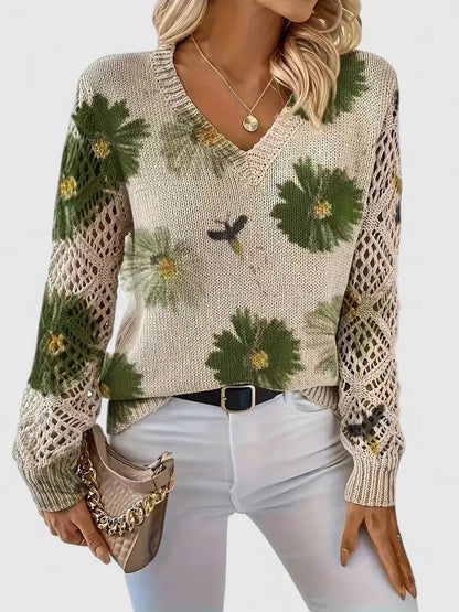 Women's V-Neck Floral Knit Cardigan by Selouva