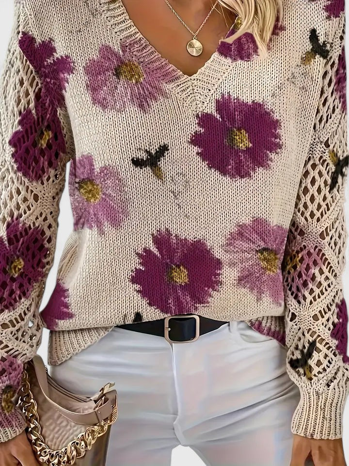 Women's V-Neck Floral Knit Cardigan by Selouva