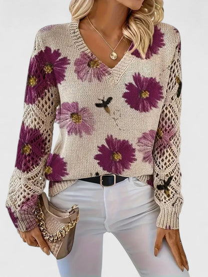 Women's V-Neck Floral Knit Cardigan by Selouva