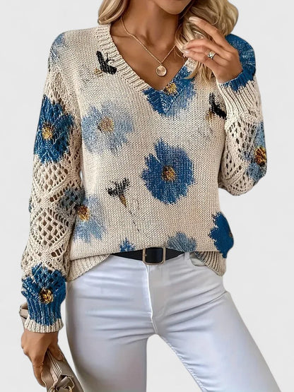 Women's V-Neck Floral Knit Cardigan by Selouva