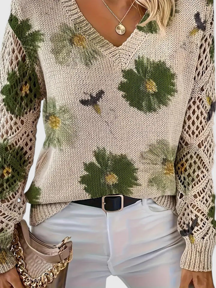 Women's V-Neck Floral Knit Cardigan by Selouva