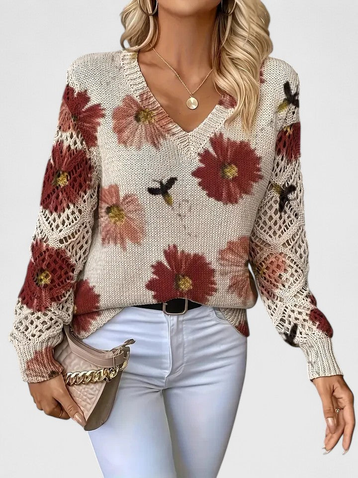 Women's V-Neck Floral Knit Cardigan by Selouva