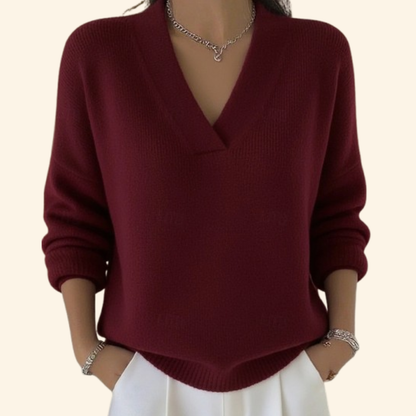Auvie Elegant V Neck Knit Sweater For Women Burgundy by Selouva