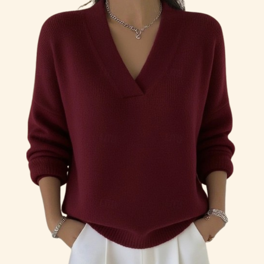 Auvie Elegant V Neck Knit Sweater For Women Burgundy by Selouva