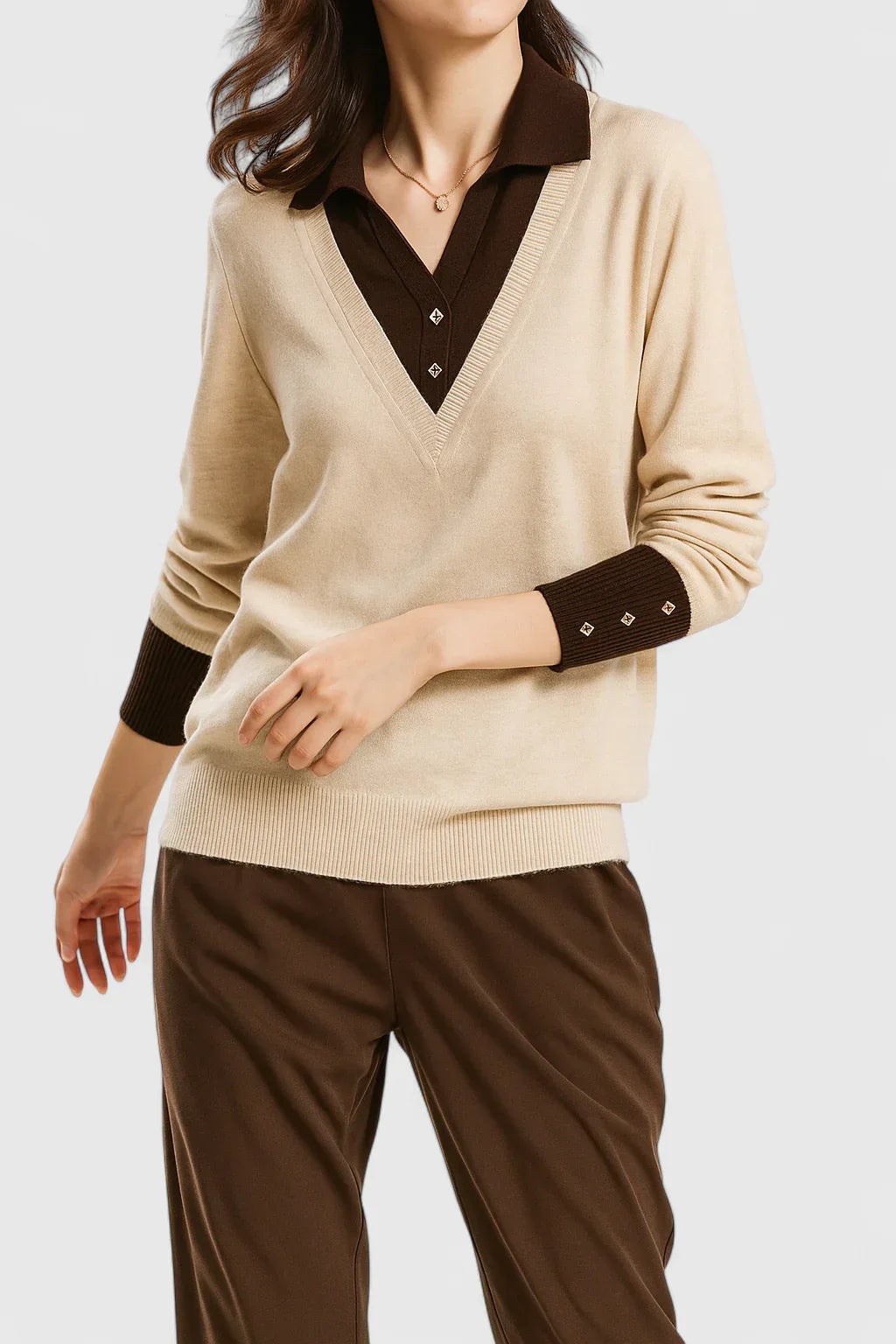 Jovi Elegant Italian Style V Neck Sweater With Contrast Cuff Details by Selouva