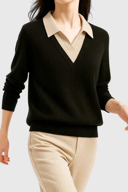 Jovi Elegant Italian Style V Neck Sweater With Contrast Cuff Details by Selouva
