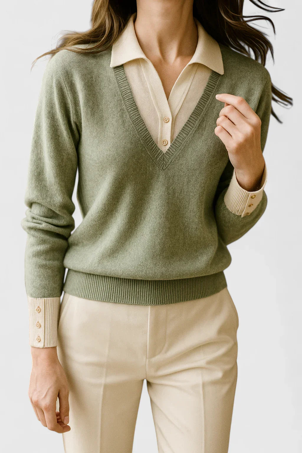 Jovi Elegant Italian Style V Neck Sweater With Contrast Cuff Details by Selouva