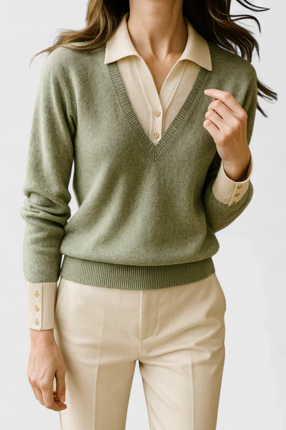 Jovi Elegant Italian Style V Neck Sweater With Contrast Cuff Details by Selouva