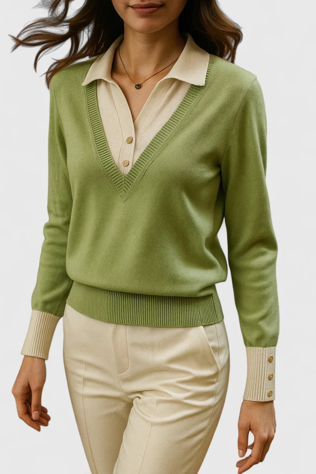 Jovi Elegant Italian Style V Neck Sweater With Contrast Cuff Details by Selouva