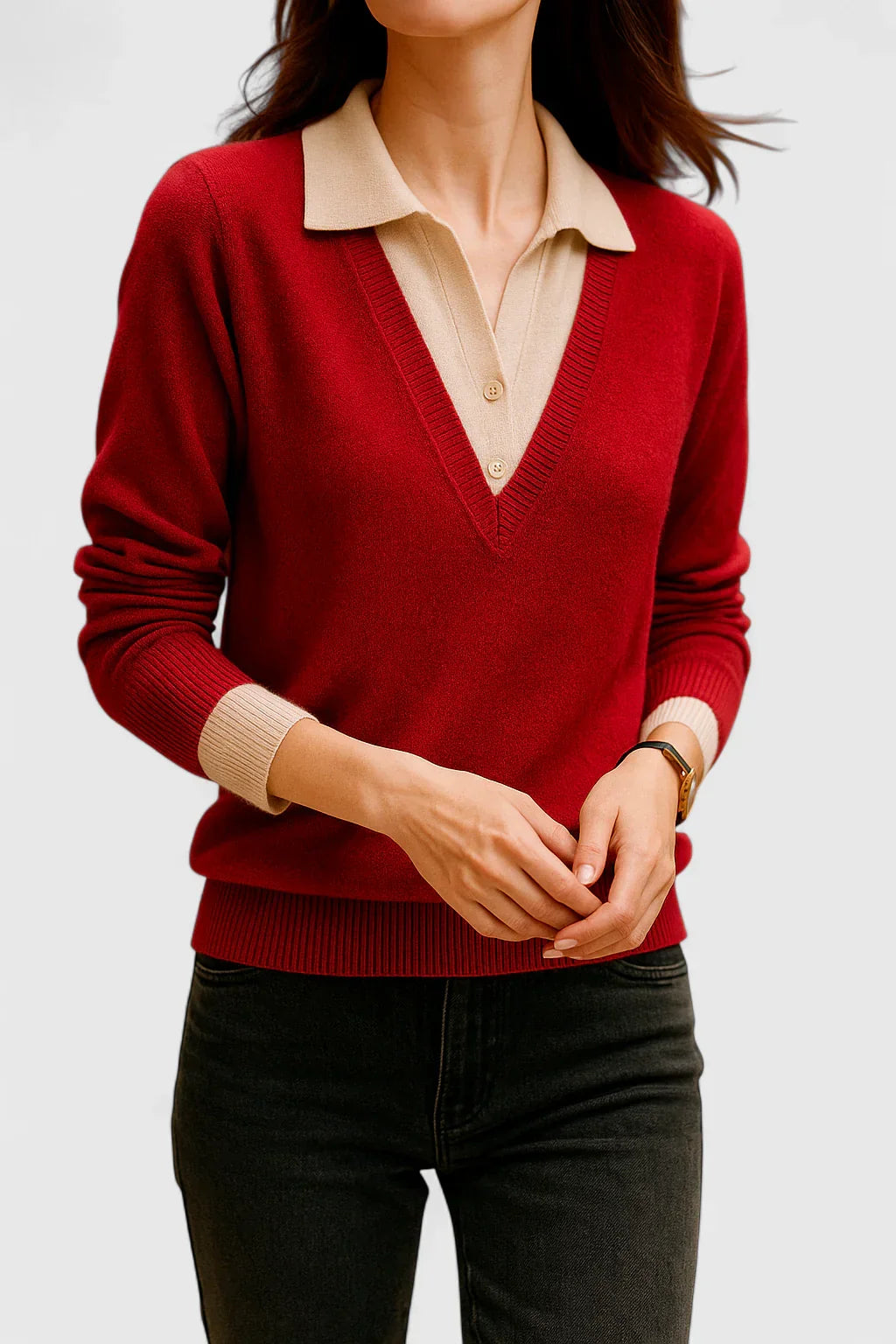 Jovi Elegant Italian Style V Neck Sweater With Contrast Cuff Details by Selouva