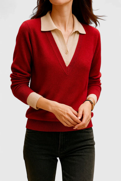 Jovi Elegant Italian Style V Neck Sweater With Contrast Cuff Details by Selouva