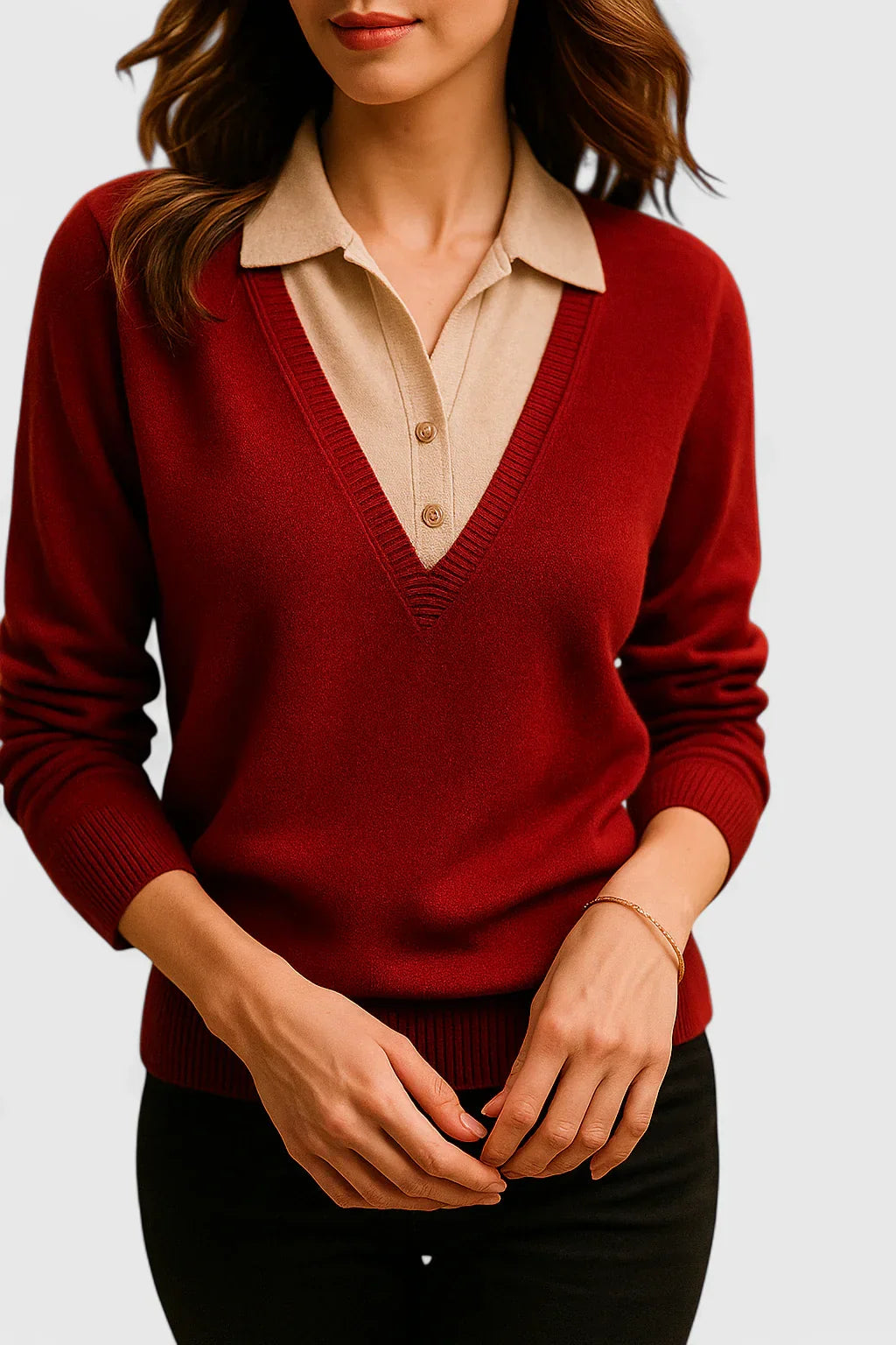 Jovi Elegant Italian Style V Neck Sweater With Contrast Cuff Details by Selouva