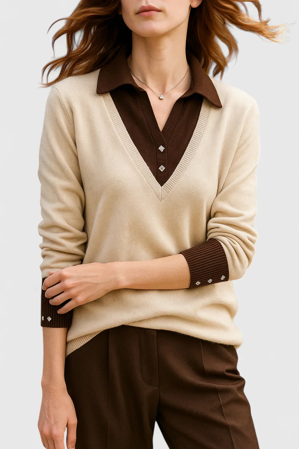 Jovi Elegant Italian Style V Neck Sweater With Contrast Cuff Details by Selouva