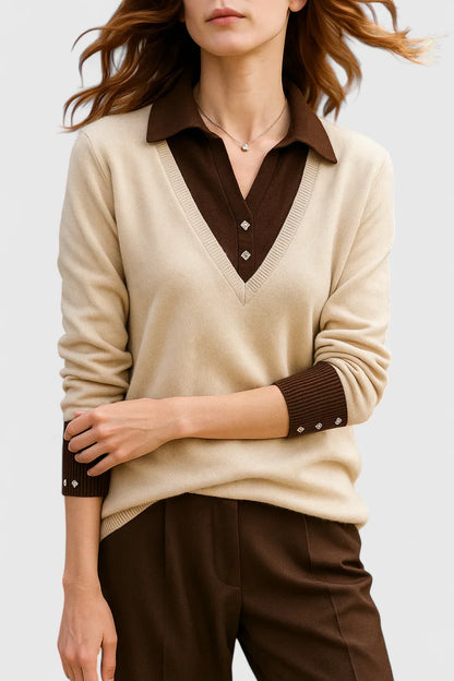Jovi Elegant Italian Style V Neck Sweater With Contrast Cuff Details by Selouva
