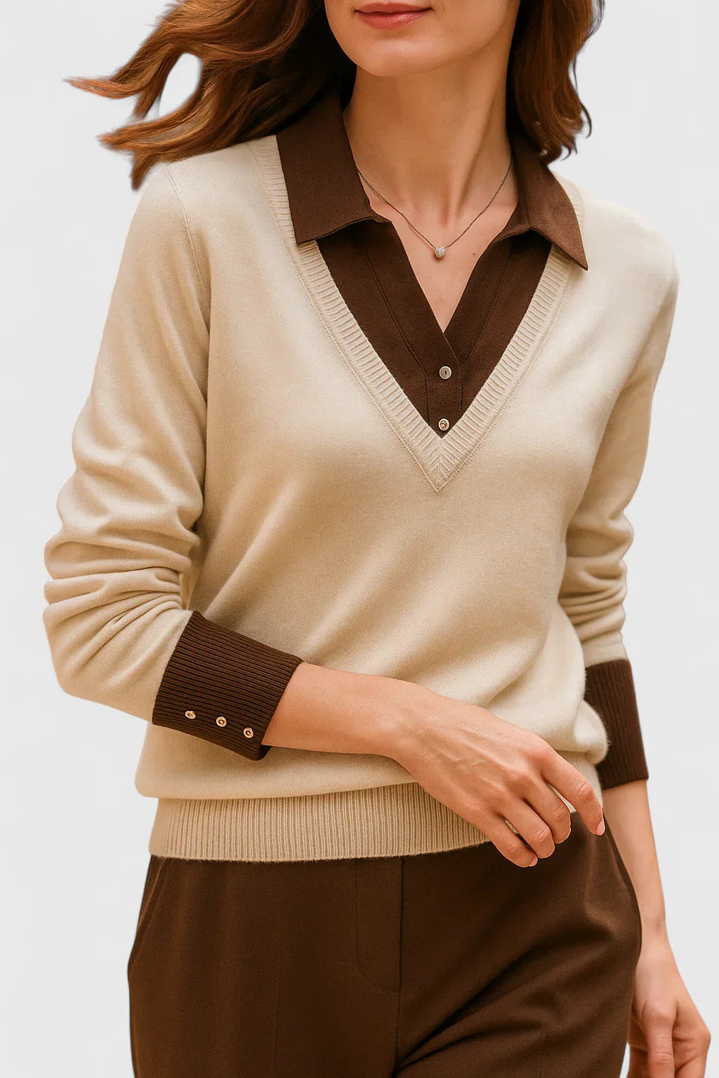 Jovi Elegant Italian Style V Neck Sweater With Contrast Cuff Details by Selouva