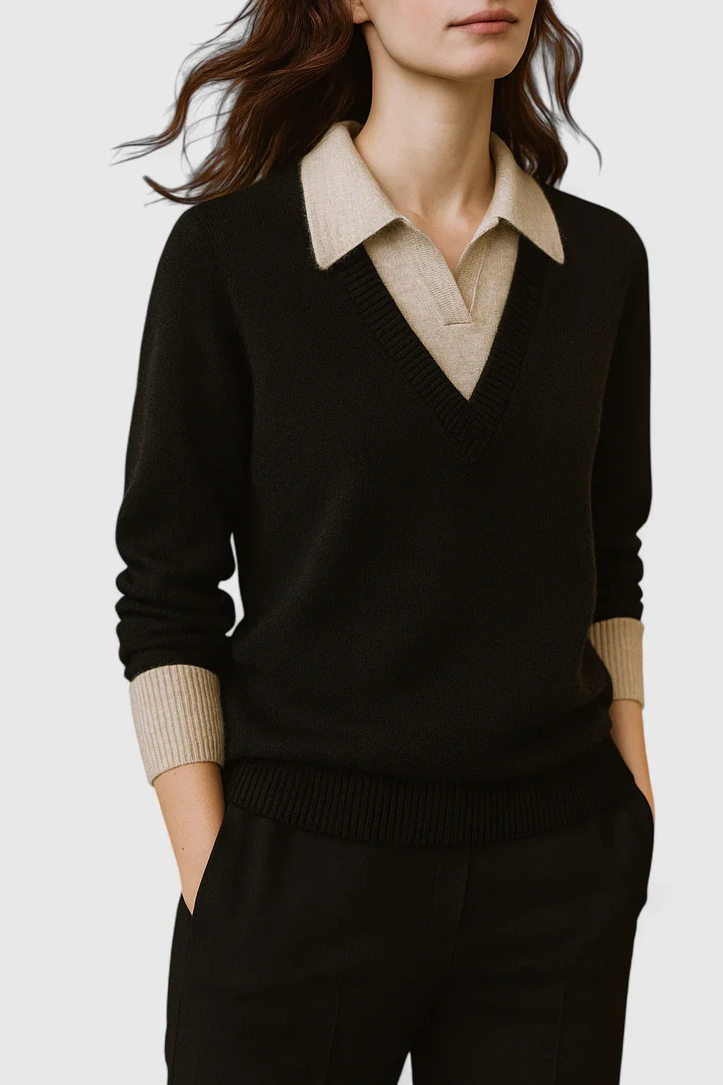 Jovi Elegant Italian Style V Neck Sweater With Contrast Cuff Details by Selouva