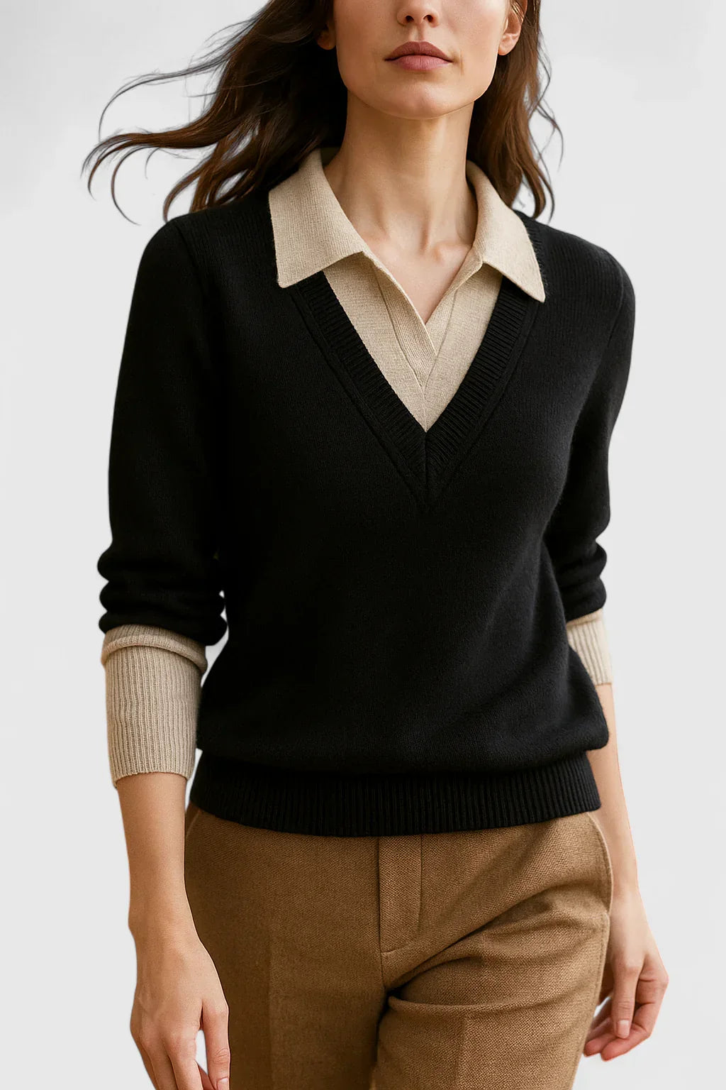 Jovi Elegant Italian Style V Neck Sweater With Contrast Cuff Details by Selouva