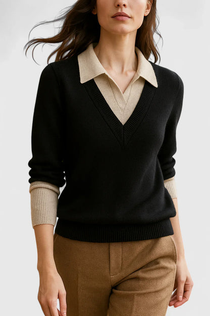 Jovi Elegant Italian Style V Neck Sweater With Contrast Cuff Details by Selouva