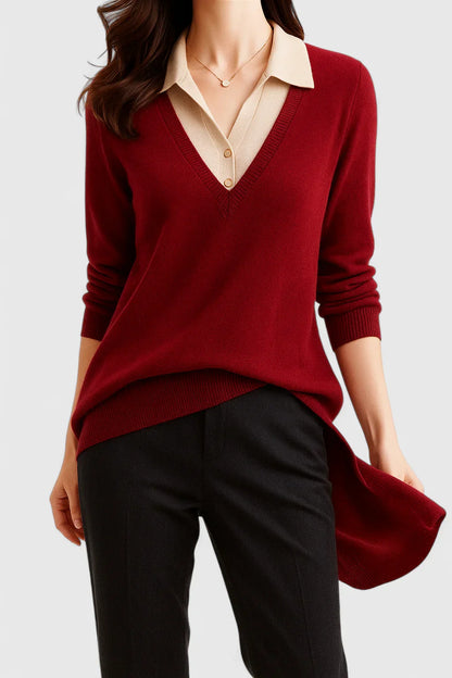 Jovi Elegant Italian Style V Neck Sweater With Contrast Cuff Details by Selouva