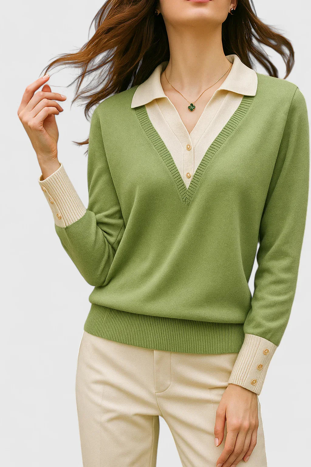 Jovi Elegant Italian Style V Neck Sweater With Contrast Cuff Details by Selouva