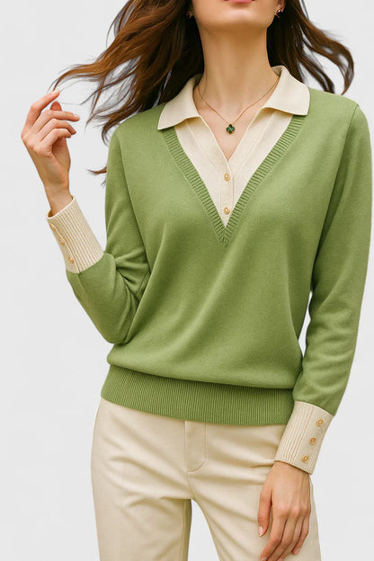 Jovi Elegant Italian Style V Neck Sweater With Contrast Cuff Details by Selouva