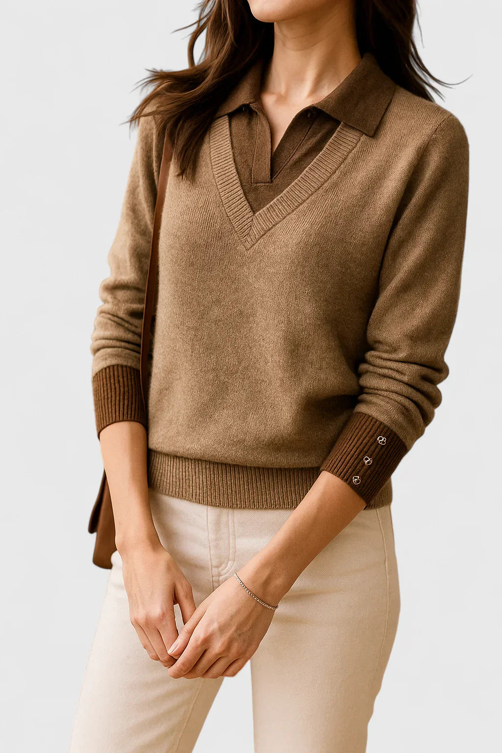 Jovi Elegant Italian Style V Neck Sweater With Contrast Cuff Details by Selouva